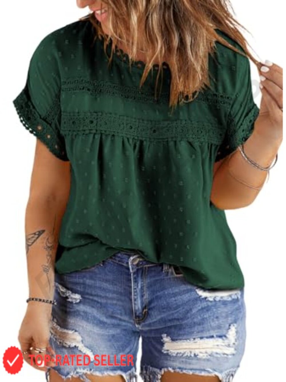 Plus Size Boho Chiffon Blouse Crochet Lace Short Sleeve Crewneck Top